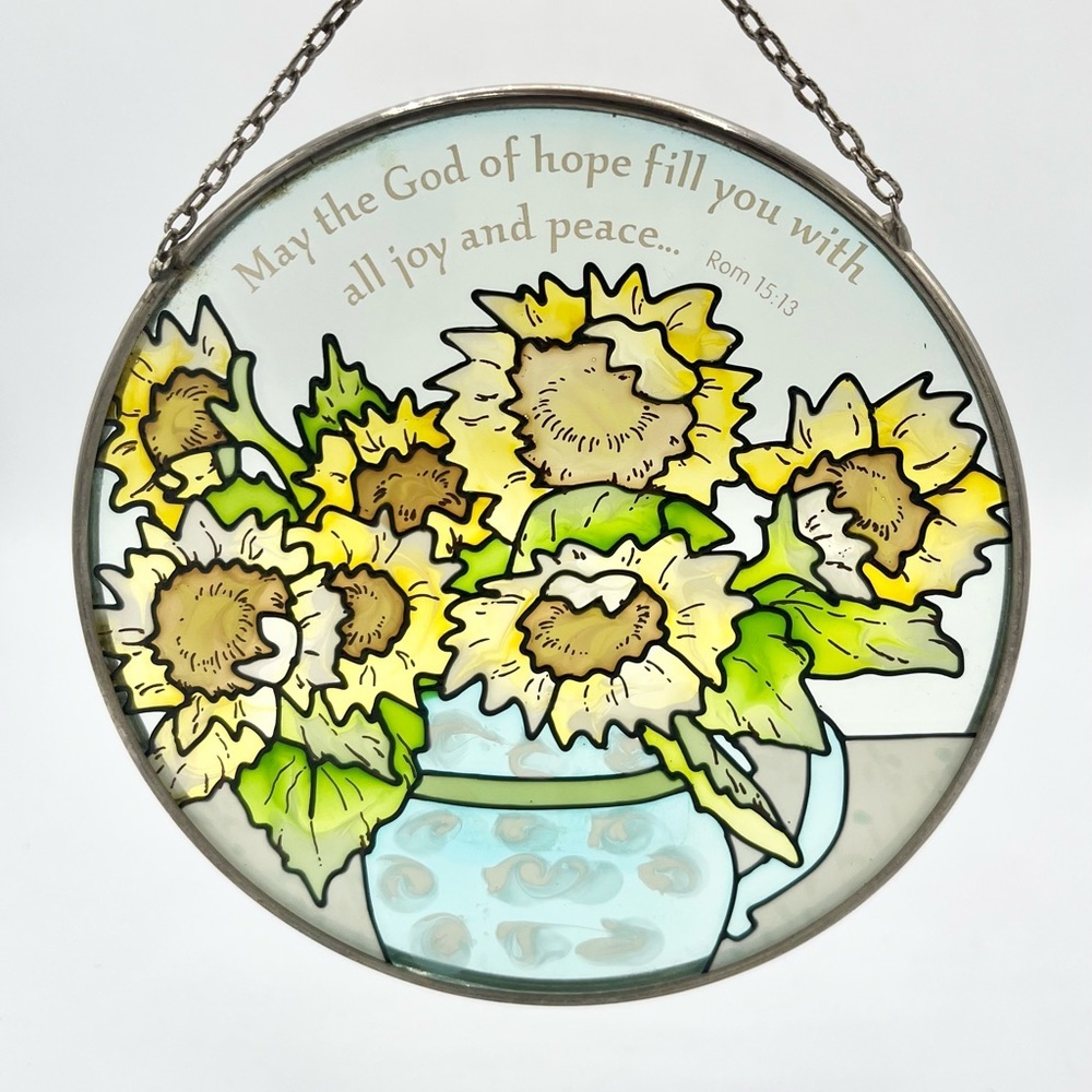 Glass Sun Catcher Bible Verse Romans 15:13 Decor Flowers EUC 4.75"